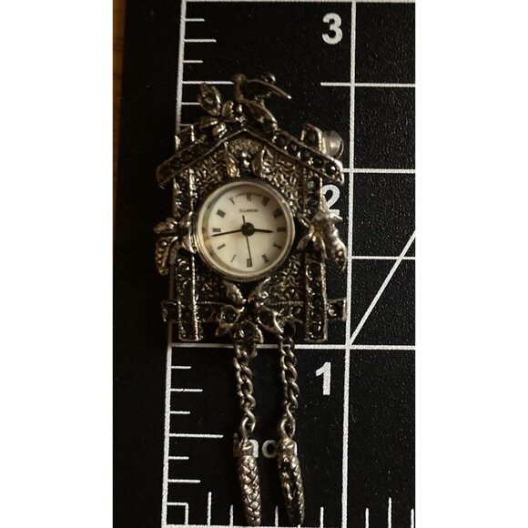 Vintage Watch Brooch/Pendant Lind Silver Tone Marcasite Cuckoo Clock Quartz 2.5" - Picture 6 of 7